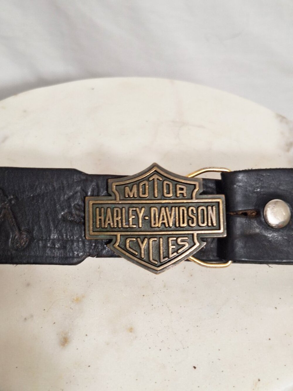 Harley Davidson Jostens Bar & Shield Buckle Vintage Hand Tooled Belt M/L 1980s
